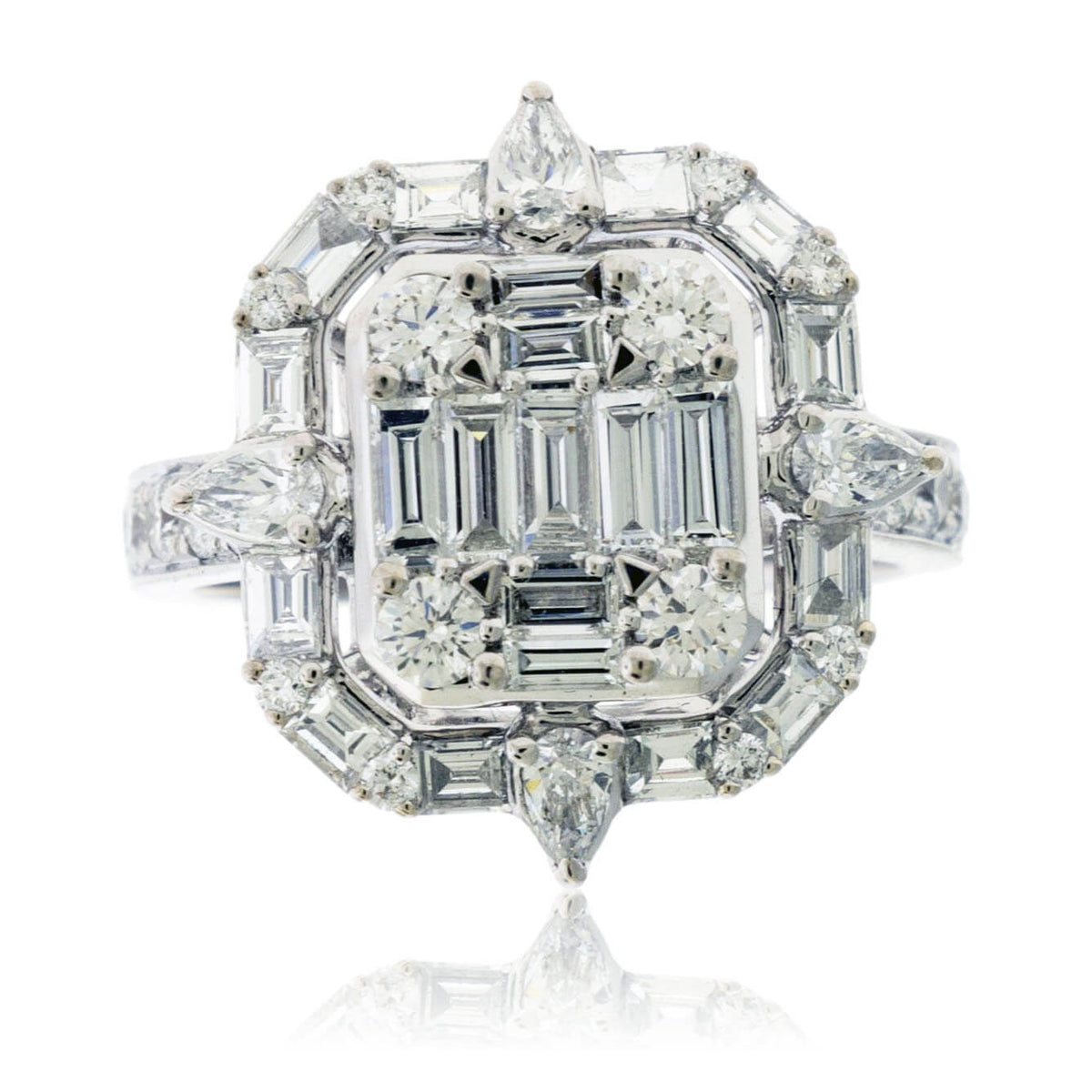 Elegant Designer Baguette & Round Diamond Ring - 18K White Gold
